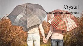  Presentation with under umbrella - Presentation theme consisting of young couple under an umbrella in the autumn forest background and a coral colored foreground