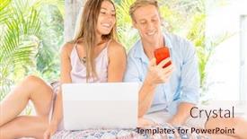  Presentation with laptop - Cool new PPT theme with young-couple-using-a-laptop backdrop and a lemonade colored foreground