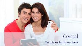  Presentation with tab - Amazing slide deck having young couple using electronic tab on sofa backdrop and a sky blue colored foreground