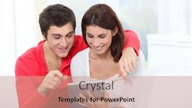  Presentation with tab - PPT theme having young couple using electronic tab on sofa background and a coral colored foreground