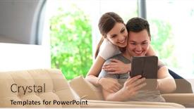 Presentation with using digital tablet - Presentation theme consisting of young-couple-using-interent background and a  colored foreground