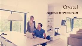  Presentation with computer - Audience pleasing PPT theme consisting of young couple using laptop computer at luxury home together looking at screen smiling backdrop and a lemonade colored foreground