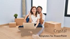  Presentation with new home - PPT layouts with young-couple-using-laptop background and a  colored foreground