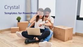  Presentation with new home - Presentation theme featuring young-couple-using-laptop background and a  colored foreground