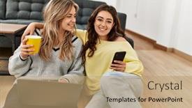  Presentation with smartphone - Presentation theme consisting of young-couple-using-laptop and a  colored foreground