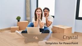  Presentation with new home - Presentation having young-couple-using-laptop background and a coral colored foreground