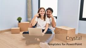  Presentation with new home - Presentation theme featuring young-couple-using-laptop background and a coral colored foreground