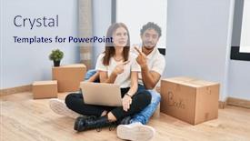  Presentation with forefinger - Slide deck having young-couple-using-laptop background and a sky blue colored foreground