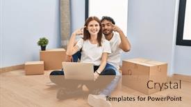  Presentation with thought - Presentation with young-couple-using-laptop background and a coral colored foreground