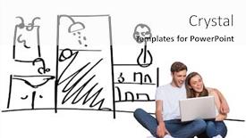 Presentation with floor - Presentation theme having young couple using laptop on floor against bathroom sketch background and a white colored foreground