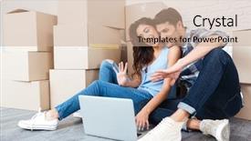  Presentation with laptop - Beautiful PPT layouts featuring young couple using laptop and showing keys to web camera while moving in new flat backdrop and a coral colored foreground