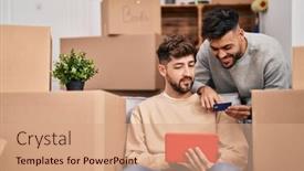  Presentation with credit card - Slide deck enhanced with young-couple-using-touchpad background and a coral colored foreground