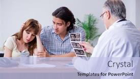  Presentation with old couple - Presentation featuring young couple visiting old male doctor background and a light blue colored foreground