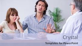  Presentation with old couple - Beautiful PPT theme featuring young couple visiting old male doctor backdrop and a light blue colored foreground