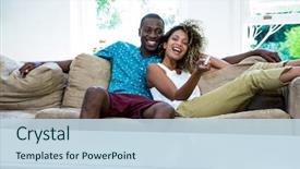  Presentation with television watching - Beautiful presentation featuring young couple watching television while backdrop and a sky blue colored foreground