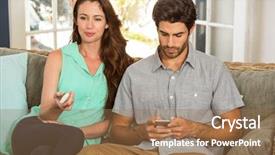  Presentation with television watching - Theme enhanced with young couple watching television in living room man using mobile phone at home background and a coral colored foreground
