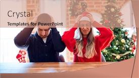  Presentation with christmas tree - PPT theme having young-couple-wearing-santa-claus background and a coral colored foreground