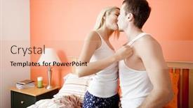  Presentation with couple kiss - PPT theme having young couple wearing white tank tops kiss passionately while kneeling on bed horizontal shot background and a coral colored foreground