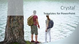  Presentation with backpacks - Audience pleasing slide set consisting of young-couple-with-backpacks-outdoor backdrop and a sky blue colored foreground