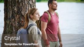  Presentation with backpacks - Presentation design featuring young-couple-with-backpacks-outdoor background and a tawny brown colored foreground