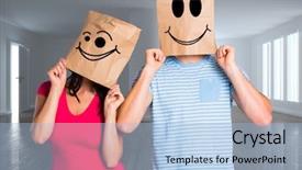  Presentation with heads - Presentation enhanced with young couple with bags over heads against bright room with wooden floor background and a light blue colored foreground