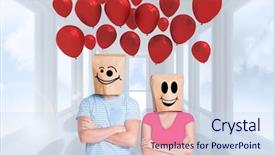  Presentation with heads - PPT layouts featuring young couple with bags over heads against bright white hall with windows background and a sky blue colored foreground