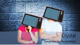  Presentation with dark grey - Cool new slide deck with young couple with bags over heads against dark grey room backdrop and a teal colored foreground