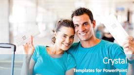  Presentation with airport boarding pass - Cool new presentation theme with young couple with boarding pass backdrop and a teal colored foreground
