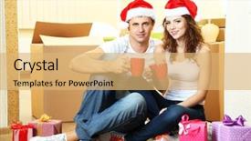  Presentation with new years - Slide set featuring young couple with boxes in new home celebrating new years background and a yellow colored foreground