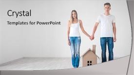  Presentation with cardboard - Slide deck with young couple with cardboard house background and a light gray colored foreground