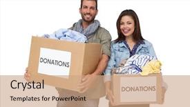  Presentation with donation - Audience pleasing presentation theme consisting of young couple with clothes donation backdrop and a coral colored foreground