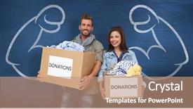  Presentation with donation food clothes - PPT layouts with young couple with clothes donation background and a coral colored foreground