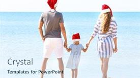  Presentation with girl christmas - Colorful slide deck enhanced with young couple with cute girl on beach christmas celebration concept backdrop and a sky blue colored foreground