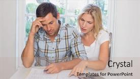  Presentation with home documents - Cool new presentation design with young couple with financial documents backdrop and a coral colored foreground