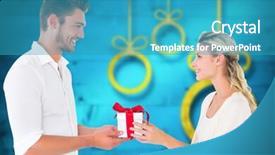  Presentation with gift - Beautiful presentation featuring young couple with gift against blurred christmas background backdrop and a teal colored foreground