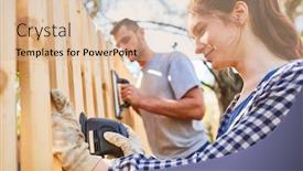  Presentation with handyman - Presentation theme consisting of young-couple-with-grinder-grinding background and a coral colored foreground