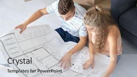  Presentation with floor plan - PPT layouts having young couple with house plan background and a light gray colored foreground