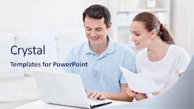  Presentation with laptop - Beautiful presentation featuring young-couple-with-laptop backdrop and a sky blue colored foreground