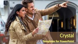 Presentation with tour guide - Slides consisting of young couple with map and guide during a tour of town on vacation background and a tawny brown colored foreground