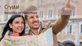  Presentation with tour guide - Amazing presentation theme having young couple with map and guide during a tour of town on vacation backdrop and a coral colored foreground