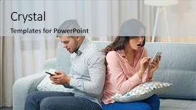  Presentation with mobile home - Audience pleasing PPT theme consisting of young couple with mobile phones backdrop and a lemonade colored foreground