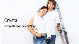  Presentation with renovation - Colorful slide deck enhanced with young couple with paint brushes doing renovation together backdrop and a sky blue colored foreground