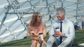 Presentation with paper cups - PPT layouts enhanced with young couple with paper cups on a grass in the park background and a light gray colored foreground
