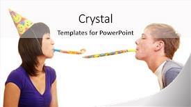  Presentation with party flyer - PPT theme enhanced with young couple with party blowers background and a white colored foreground