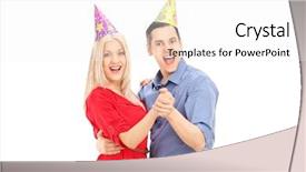  Presentation with party - Cool new slide set with young couple with party hats backdrop and a  colored foreground
