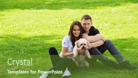  Presentation with dog park - PPT theme featuring young-couple-with-puppy-portrait background and a tawny brown colored foreground