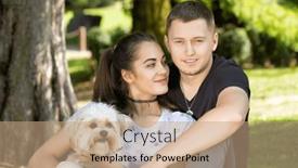  Presentation with dog park - PPT theme having young-couple-with-puppy-portrait background and a coral colored foreground