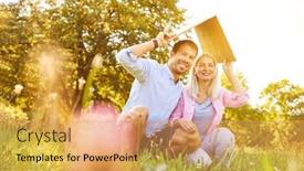  Presentation with house building - Slide deck consisting of young-couple-with-roof-over background and a yellow colored foreground