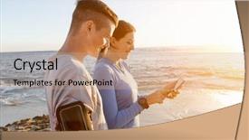  Presentation with smartphones - PPT layouts with cloud computing cloud app - young couple with smartphones outdoors background and a coral colored foreground