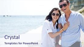  Presentation with walking young wild jaguar - Colorful theme enhanced with young couple with sunglasses hugging backdrop and a sky blue colored foreground